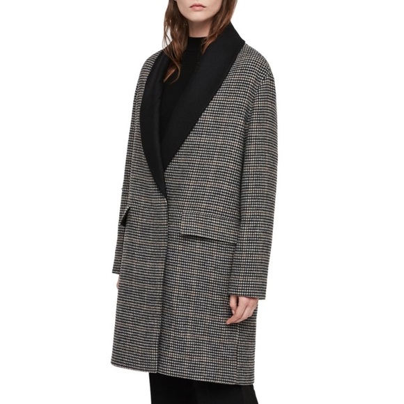 new Allsaints โค๏ธ Paige Wool Coat โค๏ธ Houndstooth Plaid โค๏ธ Black Brown Check - Picture 2 of 15